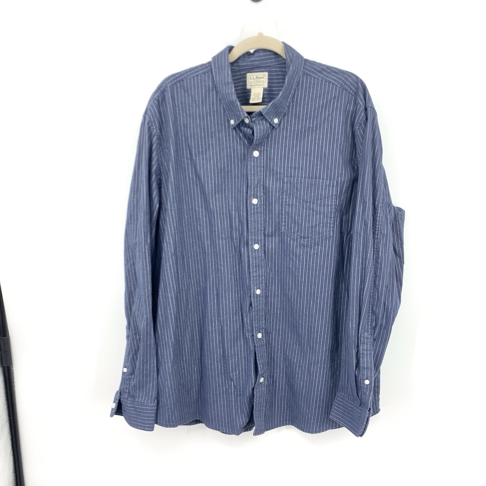 LL Bean Men Size XL Shirt Button Down Top Blue White Striped Stretch Traditional